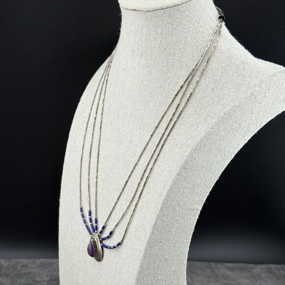 Native American Liquid Sterling Silver Purple Sugilite Blue Lapis Necklace VTG - Picture 5 of 16